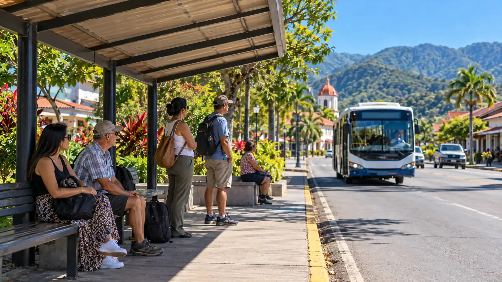 Passengers waiting at a covered bus stop in a small Costa Rican town