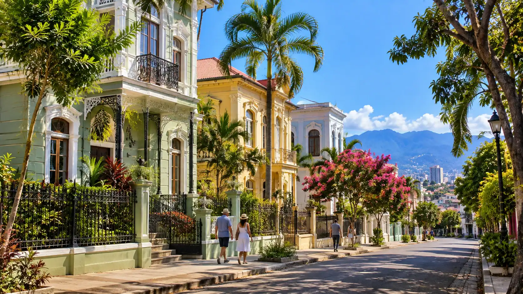 Pastel colonial houses and tree-lined streets in Barrio Amón, San José