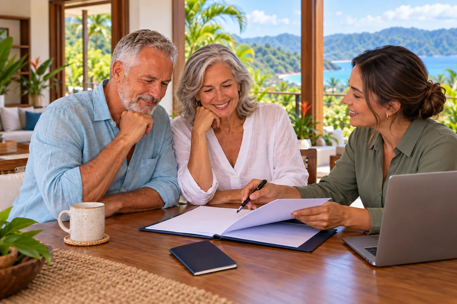 A retired couple going through their pensionado application with an adviser