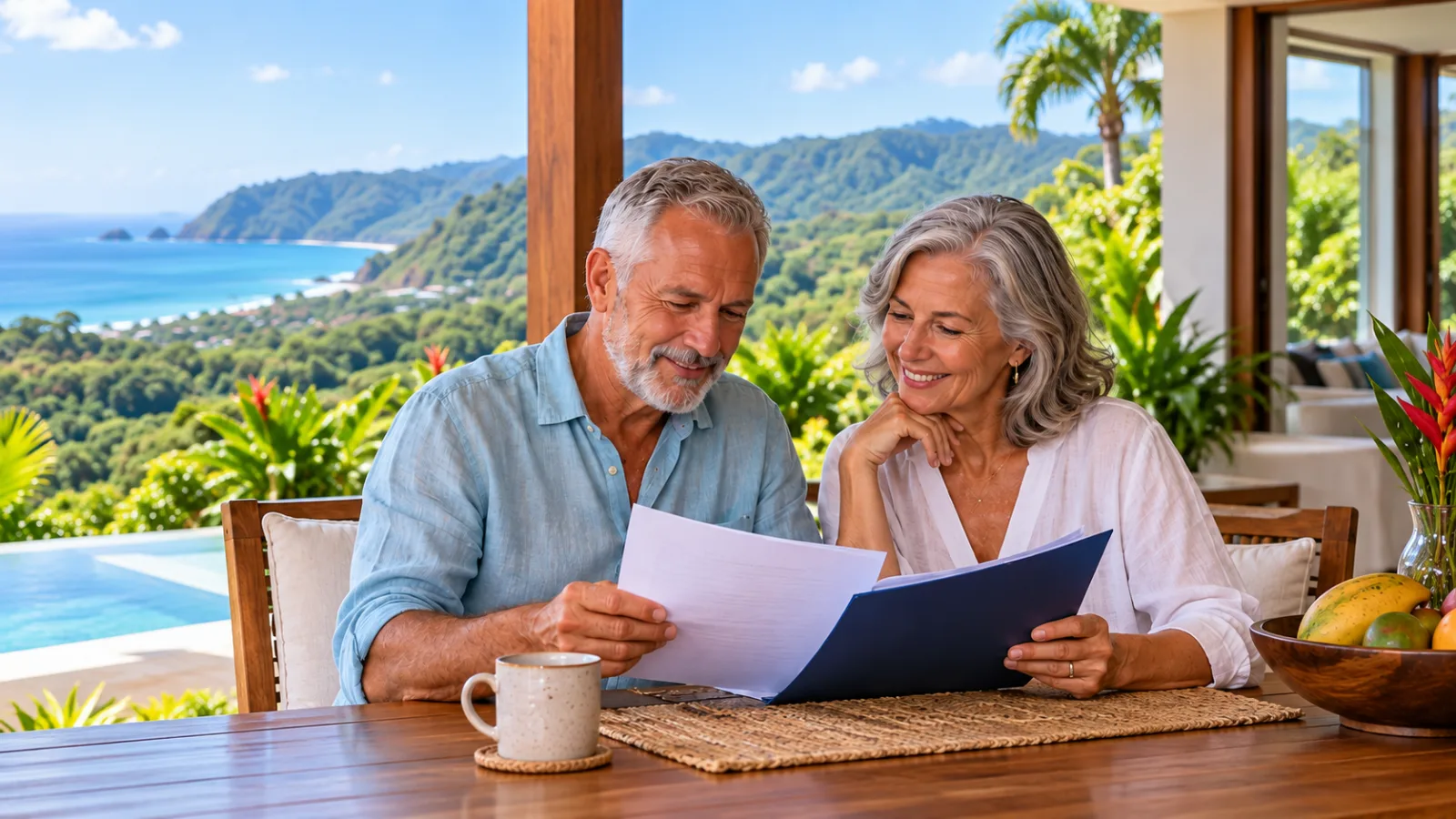 A retired couple reading residency paperwork at a Costa Rican home overlooking the coast