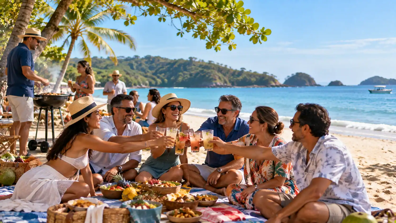 People celebrating a holiday with a picnic on a sunny Costa Rican beach