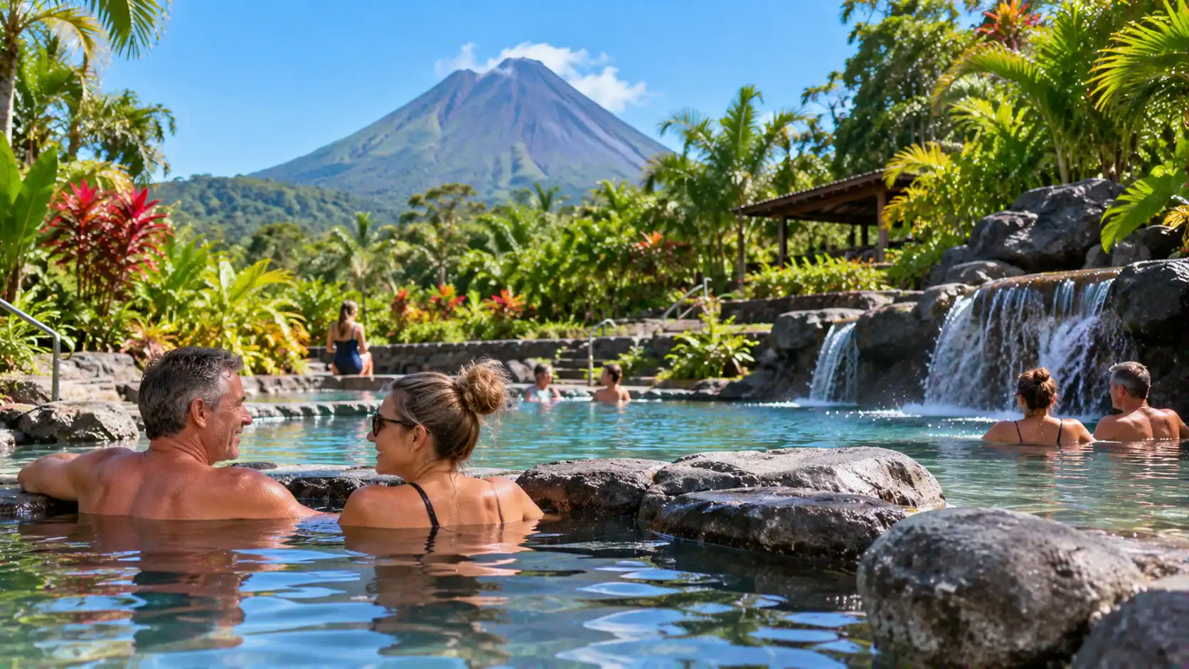 People relaxing in natural hot springs pools near Arenal volcano