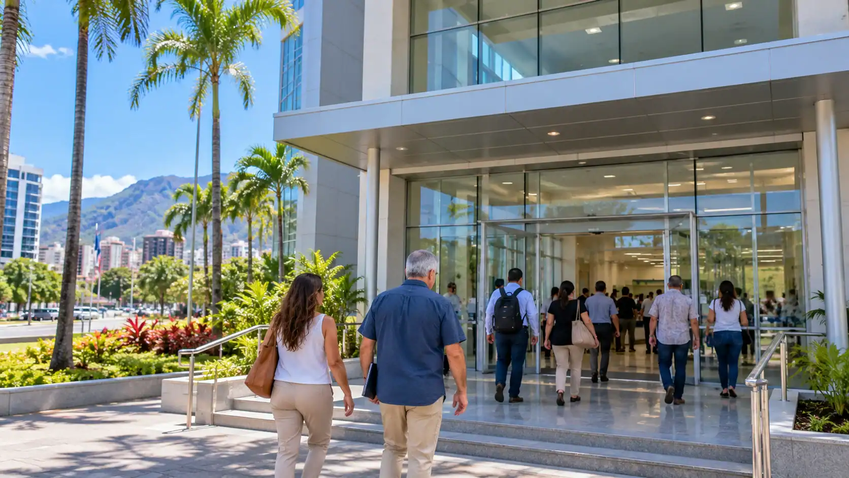 People walking into a modern government service office in San José, Costa Rica