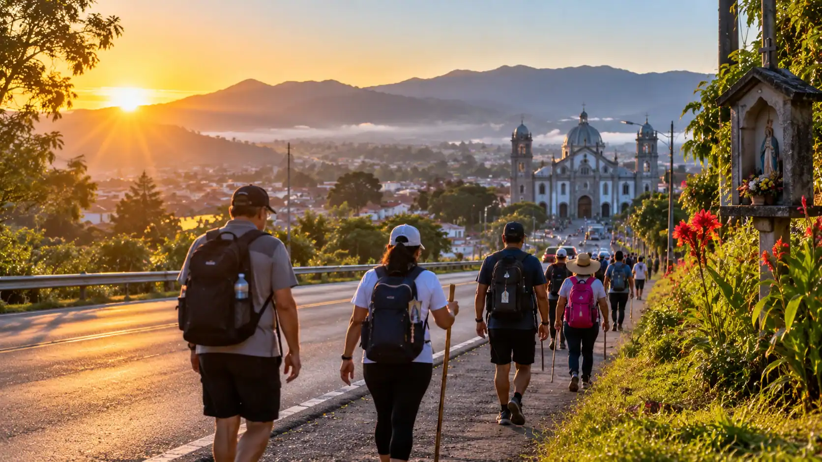 Pilgrims walking along a roadside toward Cartago, Costa Rica, at sunrise