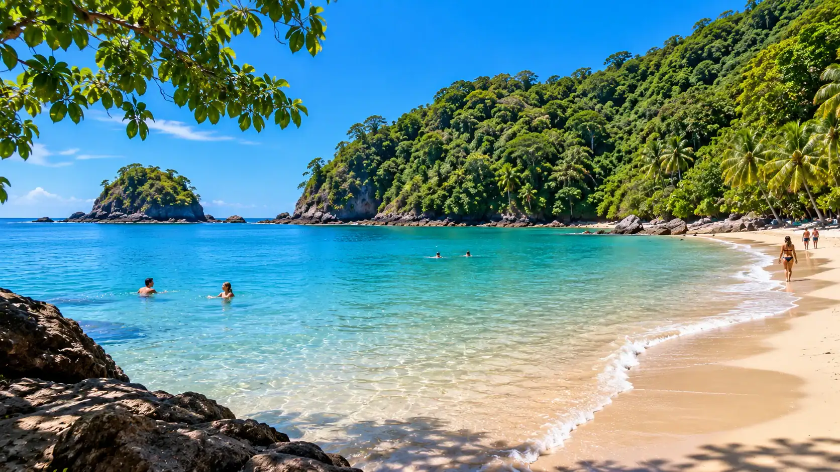 Swimmers in the clear turquoise water at Playa Mantas near Punta Leona, Costa Rica