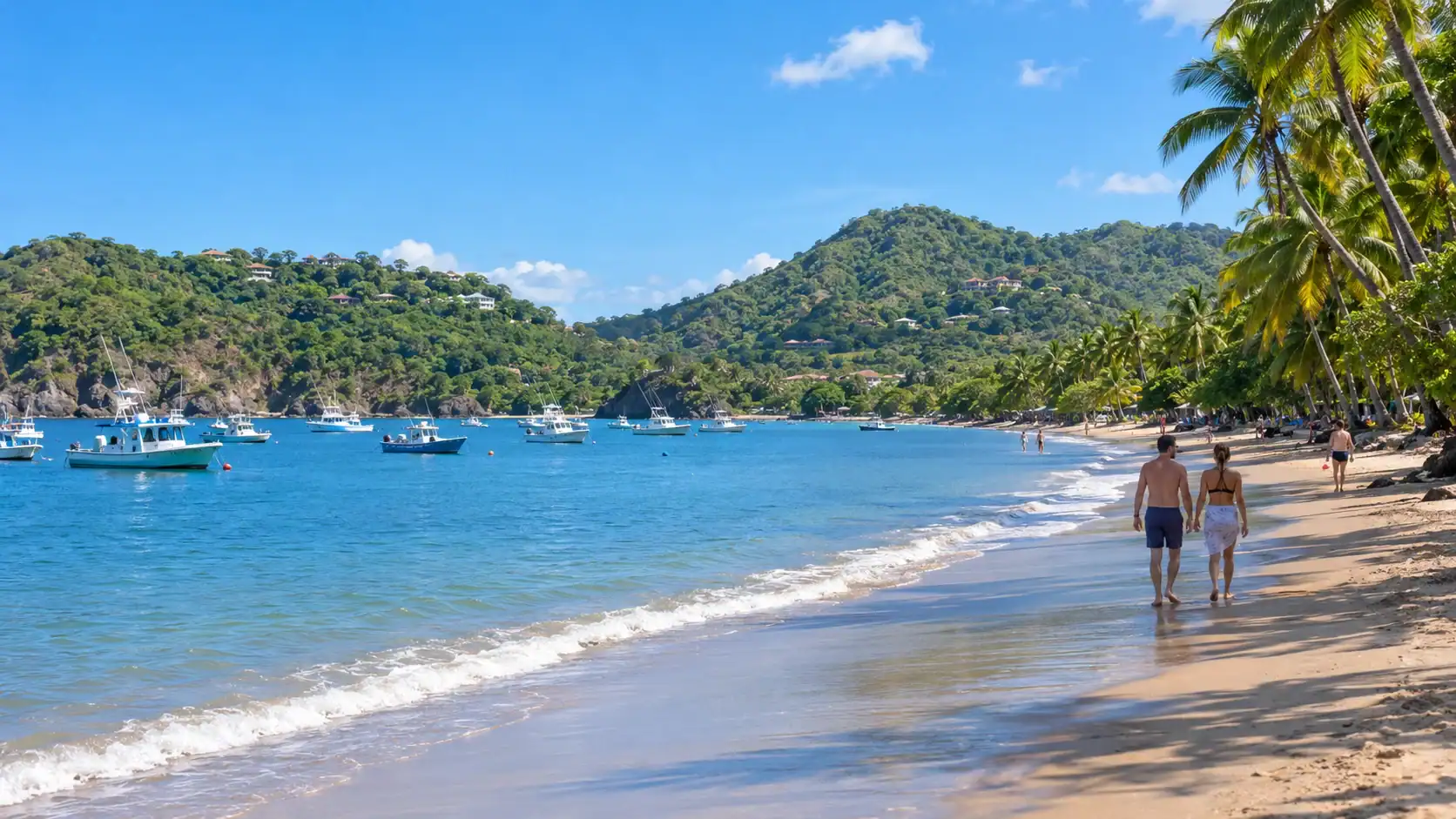 Fishing boats anchored in the bay at Playas del Coco, Guanacaste, Costa Rica