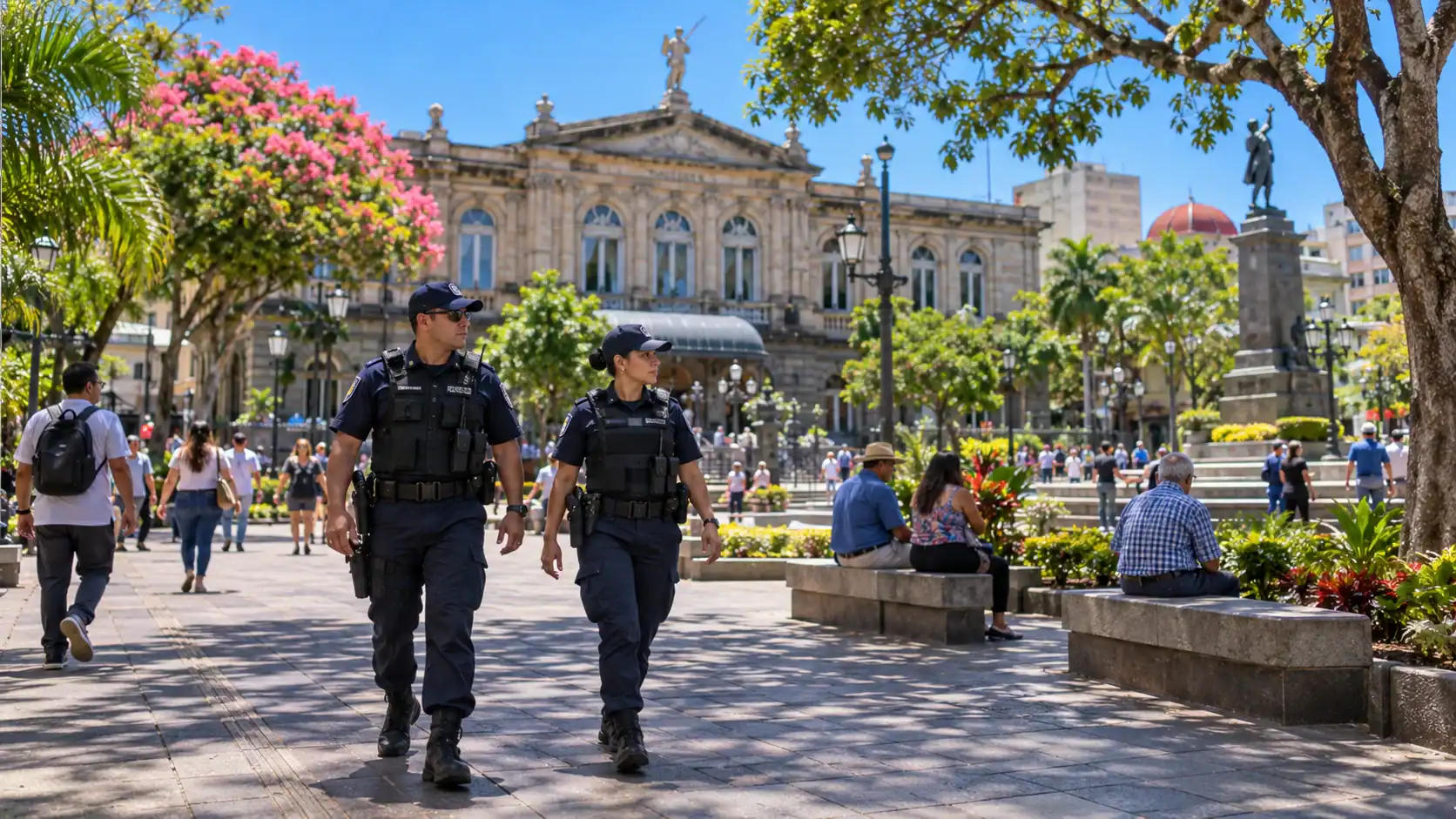 Police officers patrolling a busy plaza in San José, Costa Rica