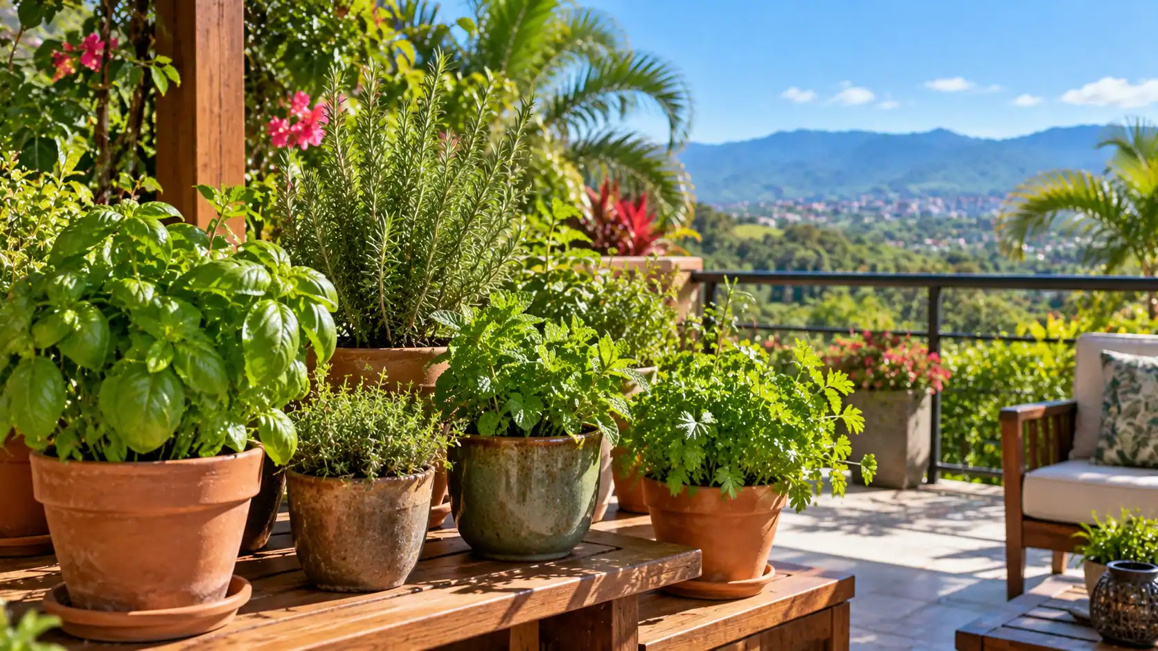 Potted herb plants on a sunny balcony garden in Costa Rica
