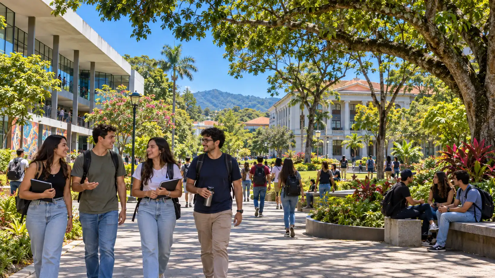 University students walking on a leafy public university campus in San Jose, Costa Rica
