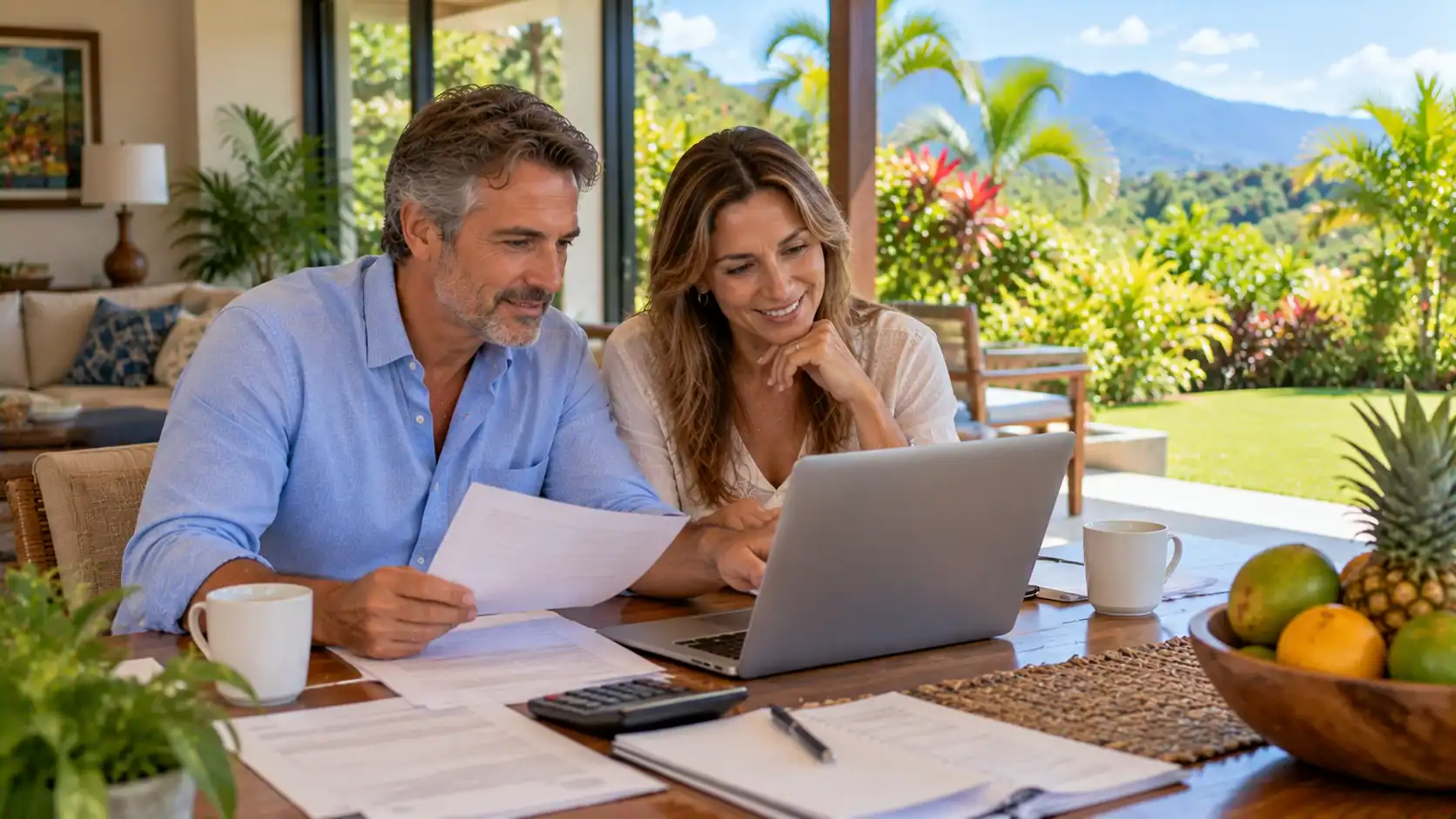 A couple reviewing their monthly income statements at home in Costa Rica