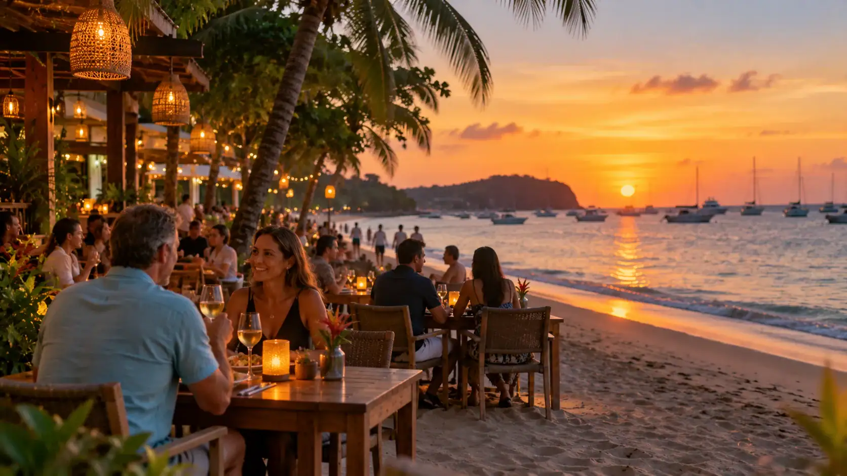Restaurants with outdoor tables along the beachfront in Playas del Coco at dusk