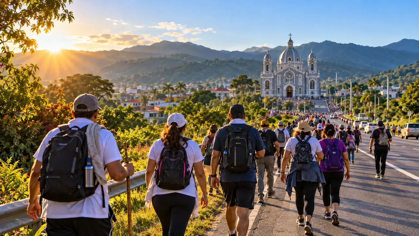 Pilgrims walking along a highway toward the Basilica of Our Lady of the Angels in Cartago during the Romeria