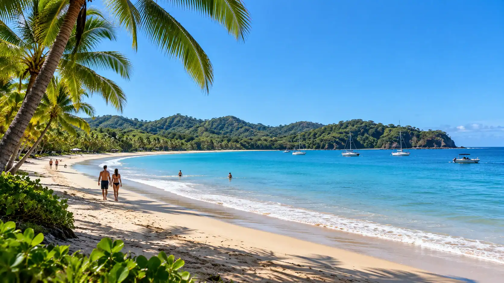 Sámara beach in Guanacaste, a calm bay with palms and blue sky