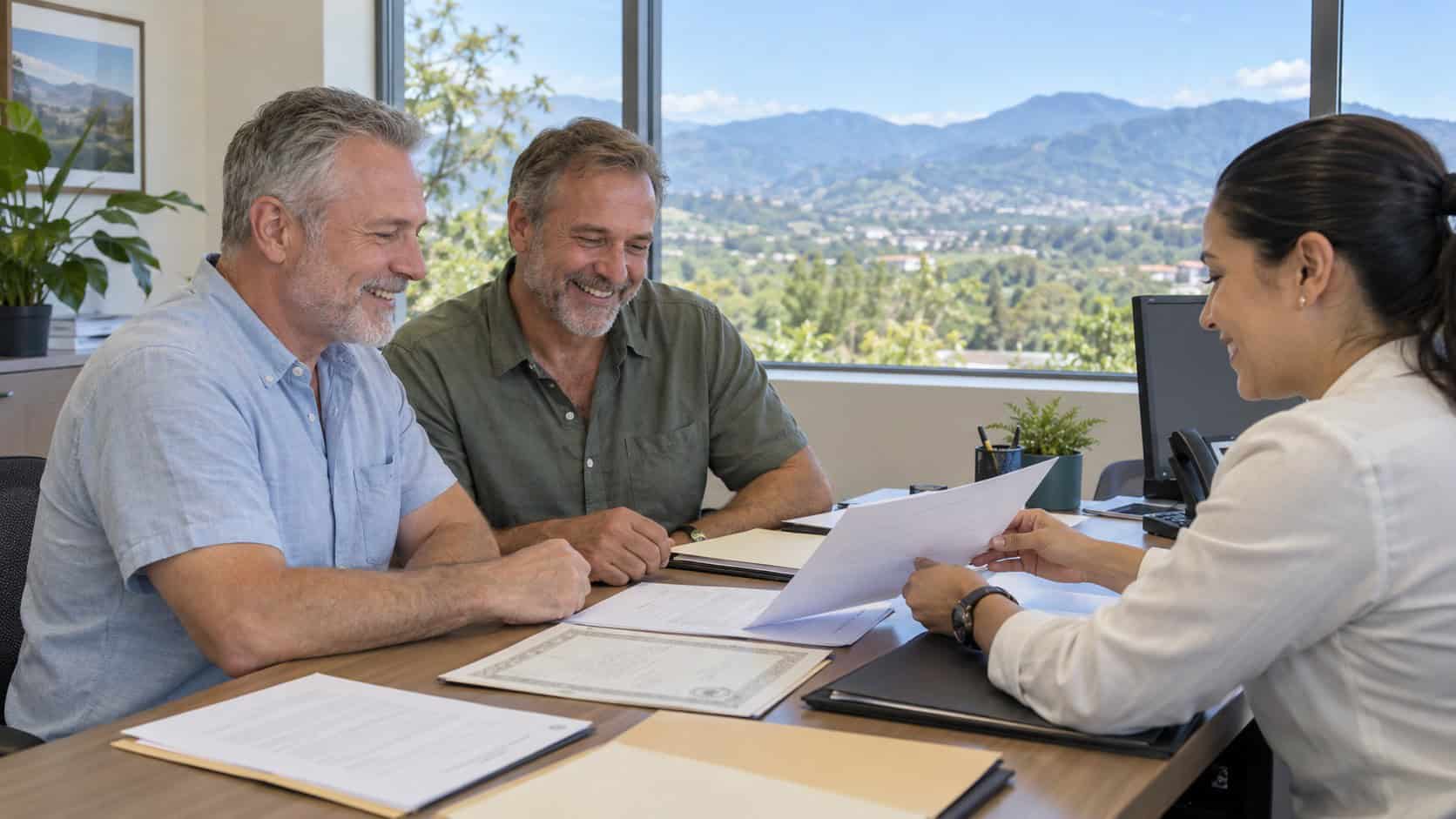 A married same-sex couple reviewing residency papers with a Migración official in Costa Rica