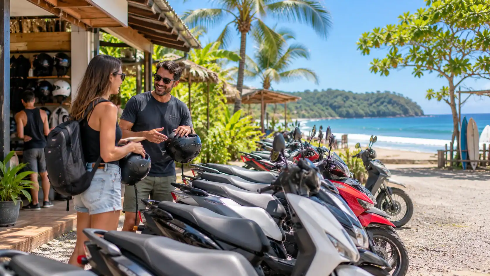 Scooters lined up at a motorcycle rental shop in a Costa Rican beach town