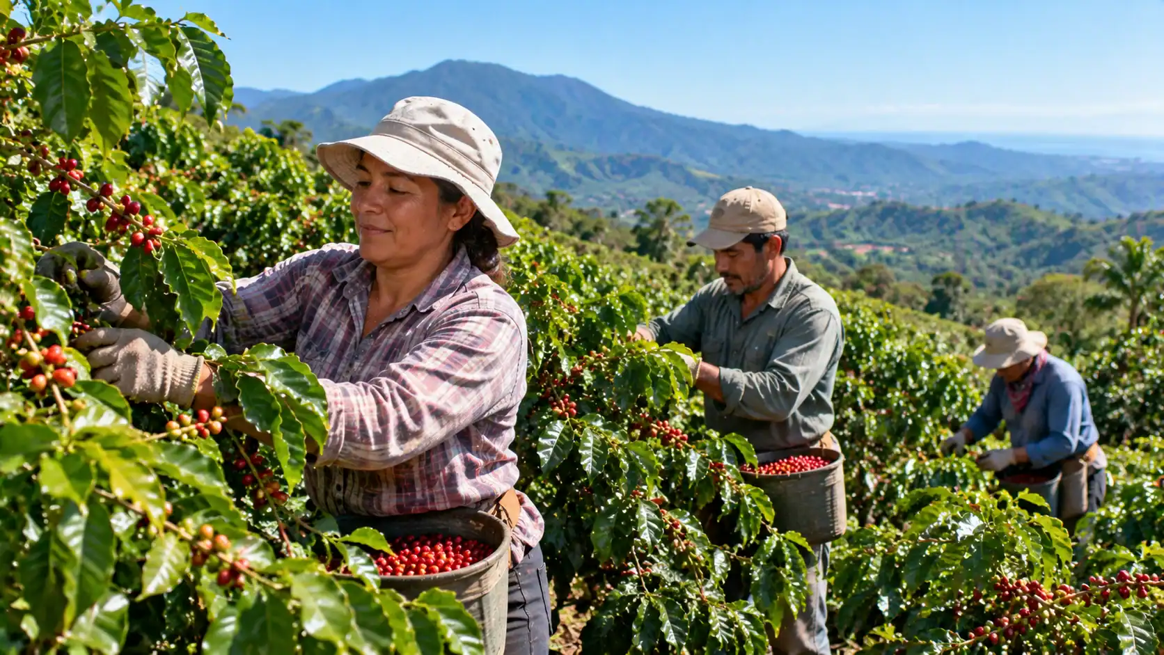 Seasonal farm workers harvesting coffee on a sunny hillside plantation in Costa Rica