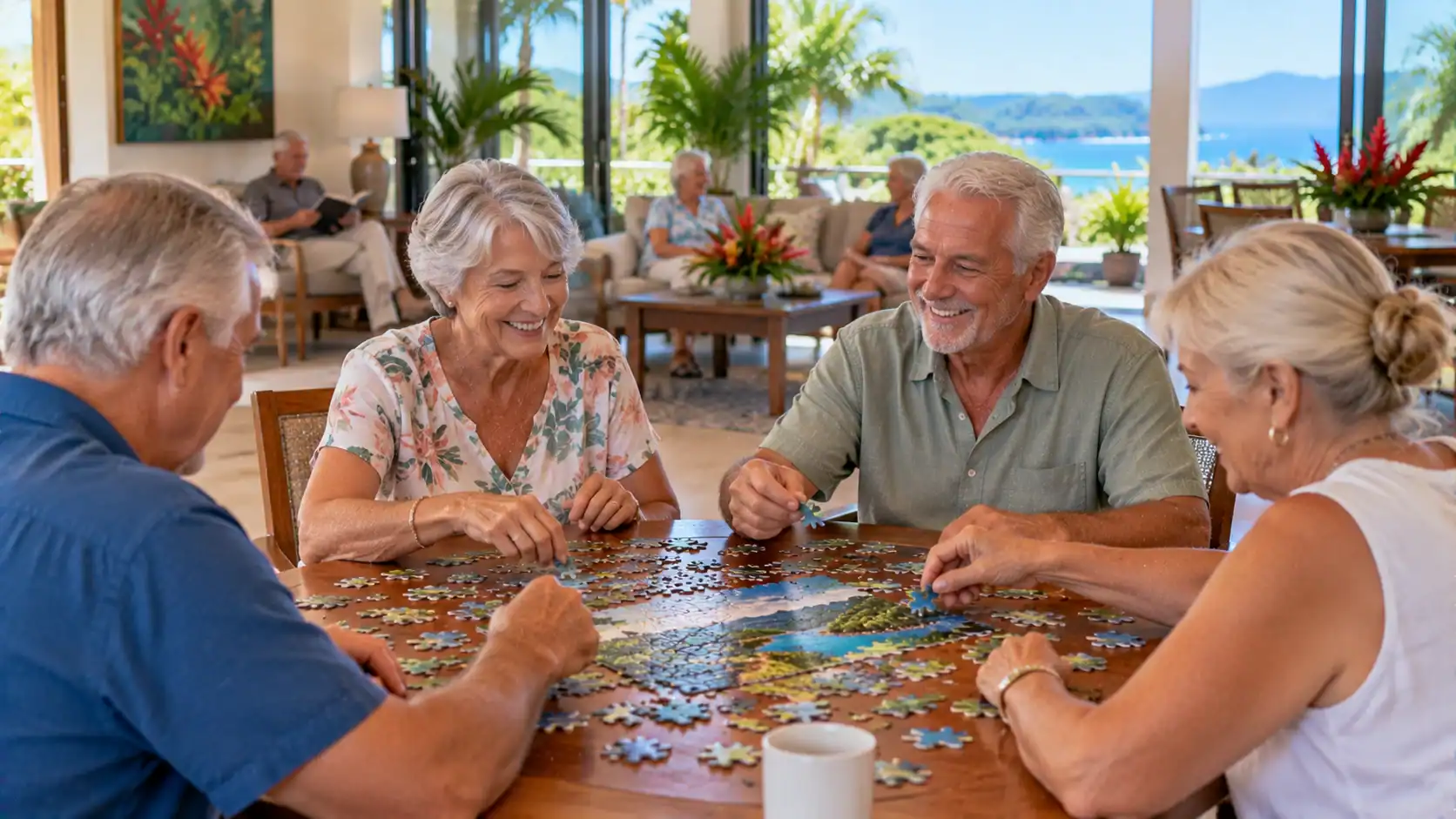 Seniors enjoying an activity together in the common room of a care home