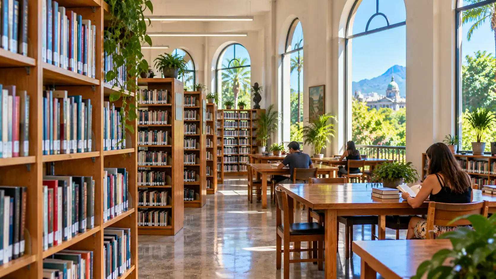 Shelves of books in a bright public library reading room in Costa Rica