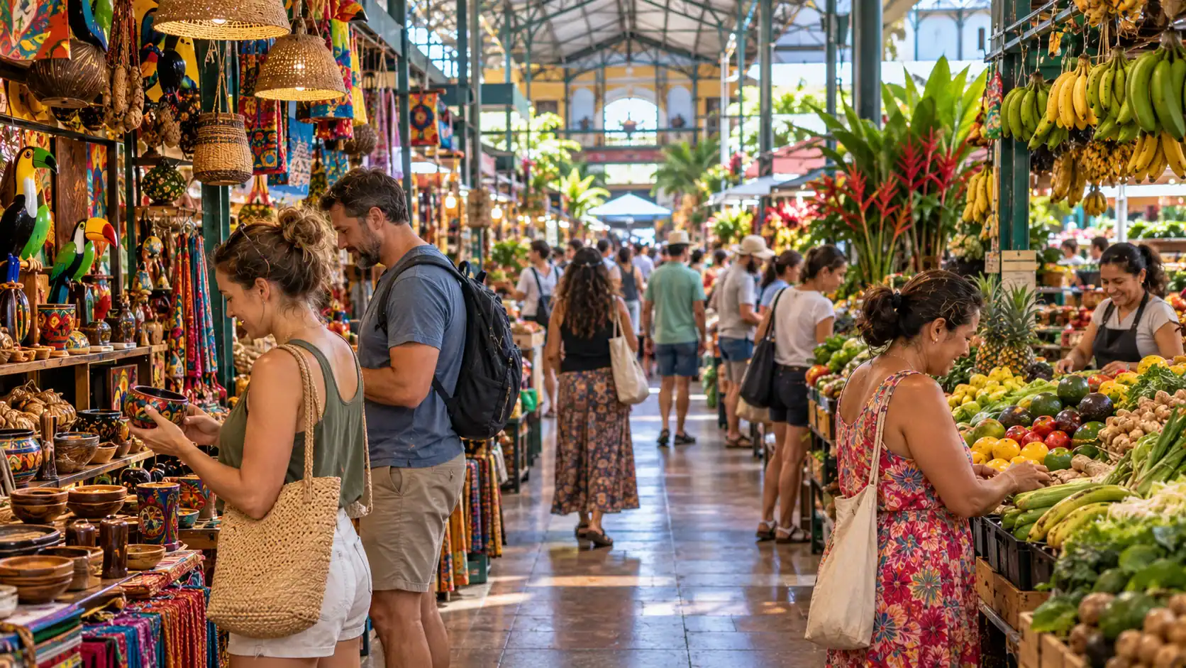 Shoppers browsing a traditional market hall with crafts and produce in Costa Rica