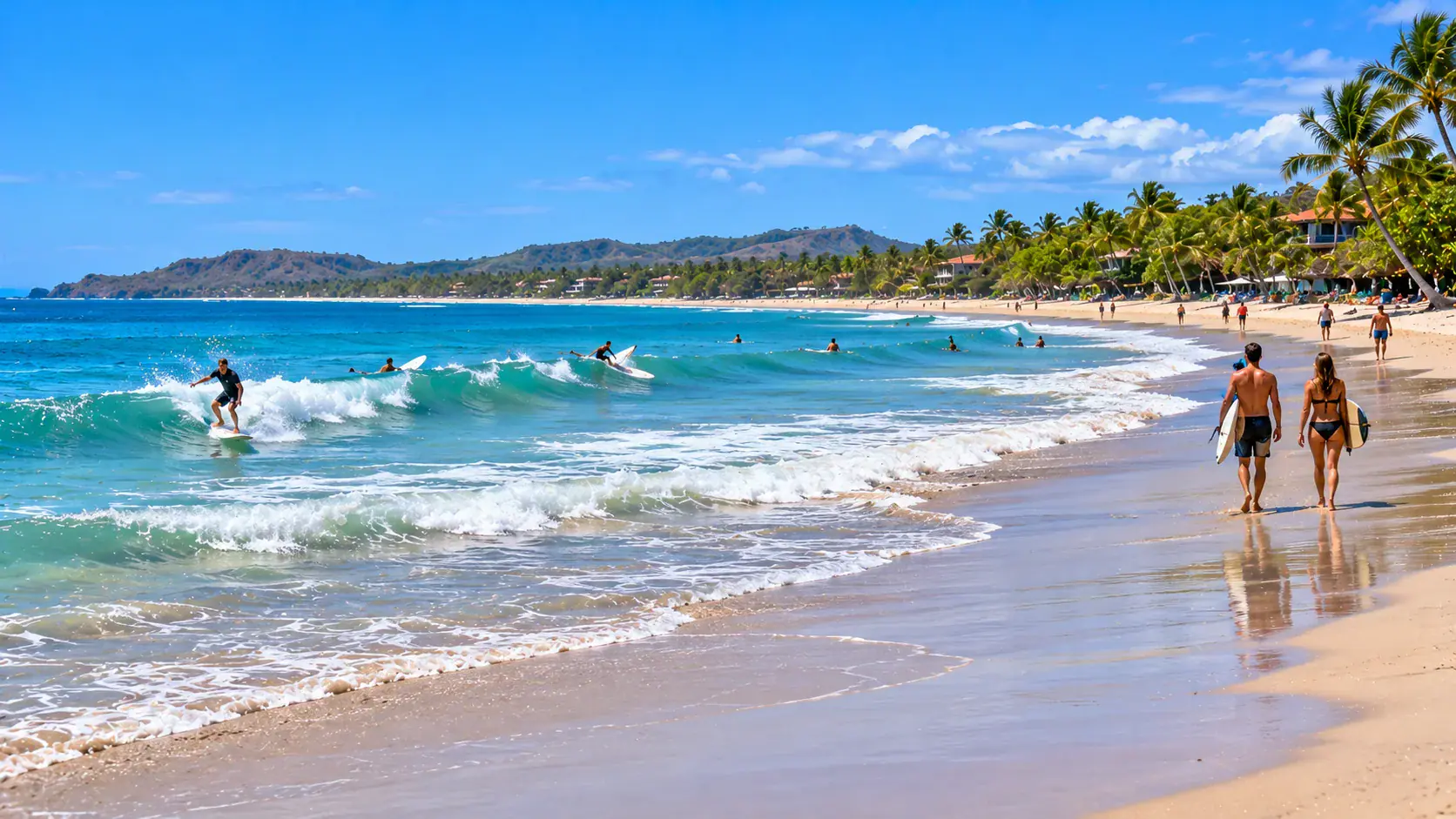 Surfers in the waves along Tamarindo beach in Guanacaste, Costa Rica