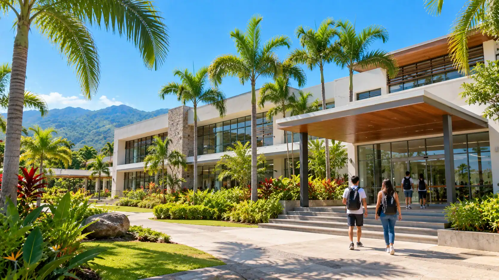 The bright exterior of a modern school building in Costa Rica with palm trees