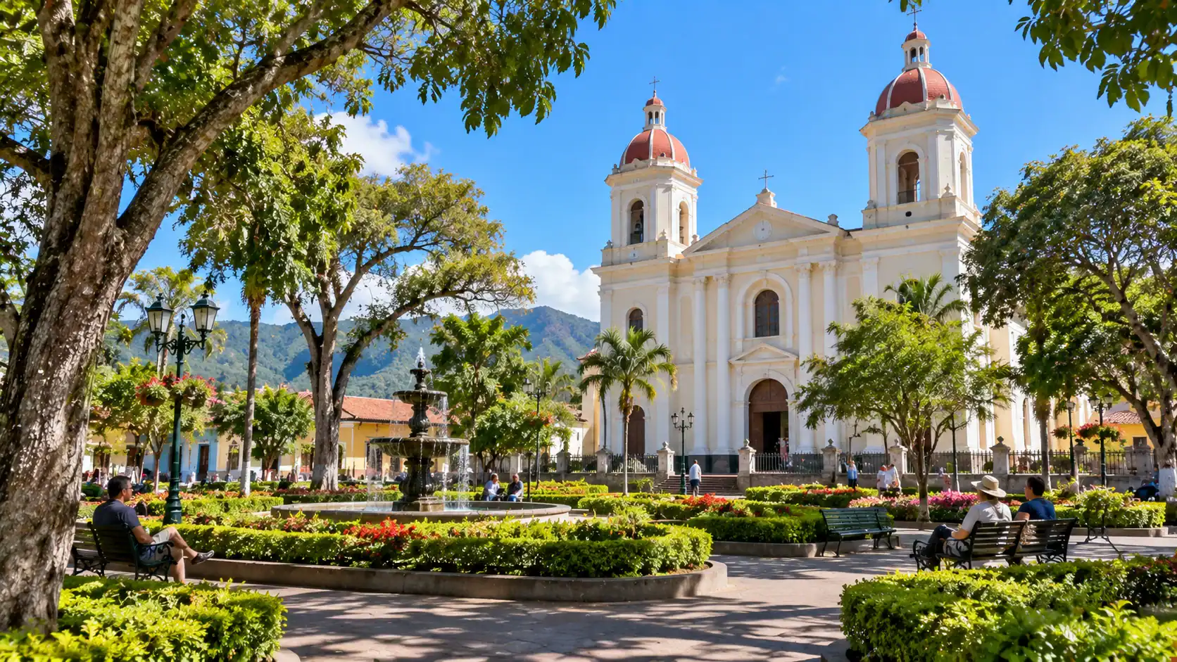 The colonial church and park in central Heredia, Costa Rica