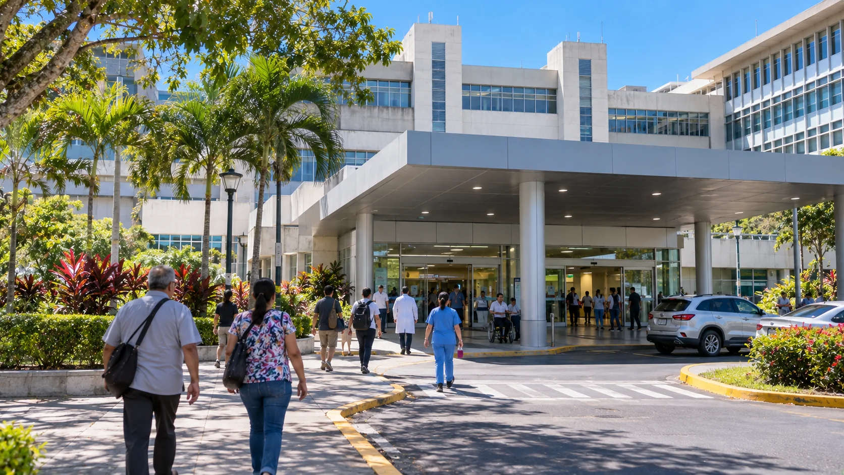 The entrance of a large public hospital in San José with people walking in