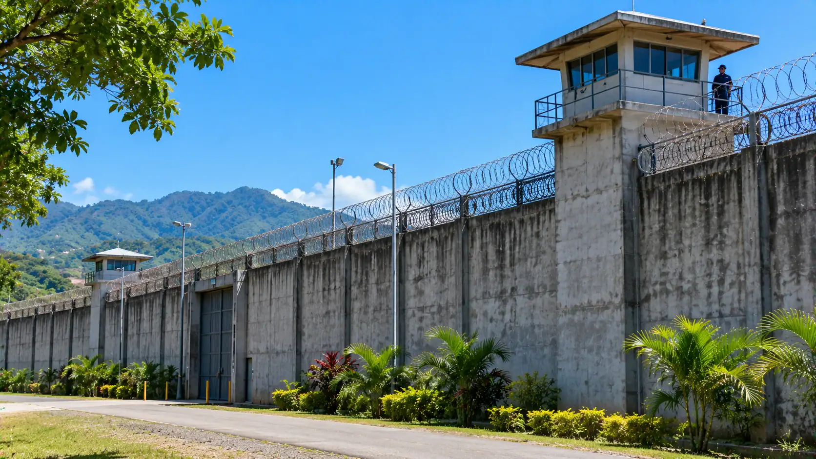 The high walls of a prison compound in Costa Rica under blue sky