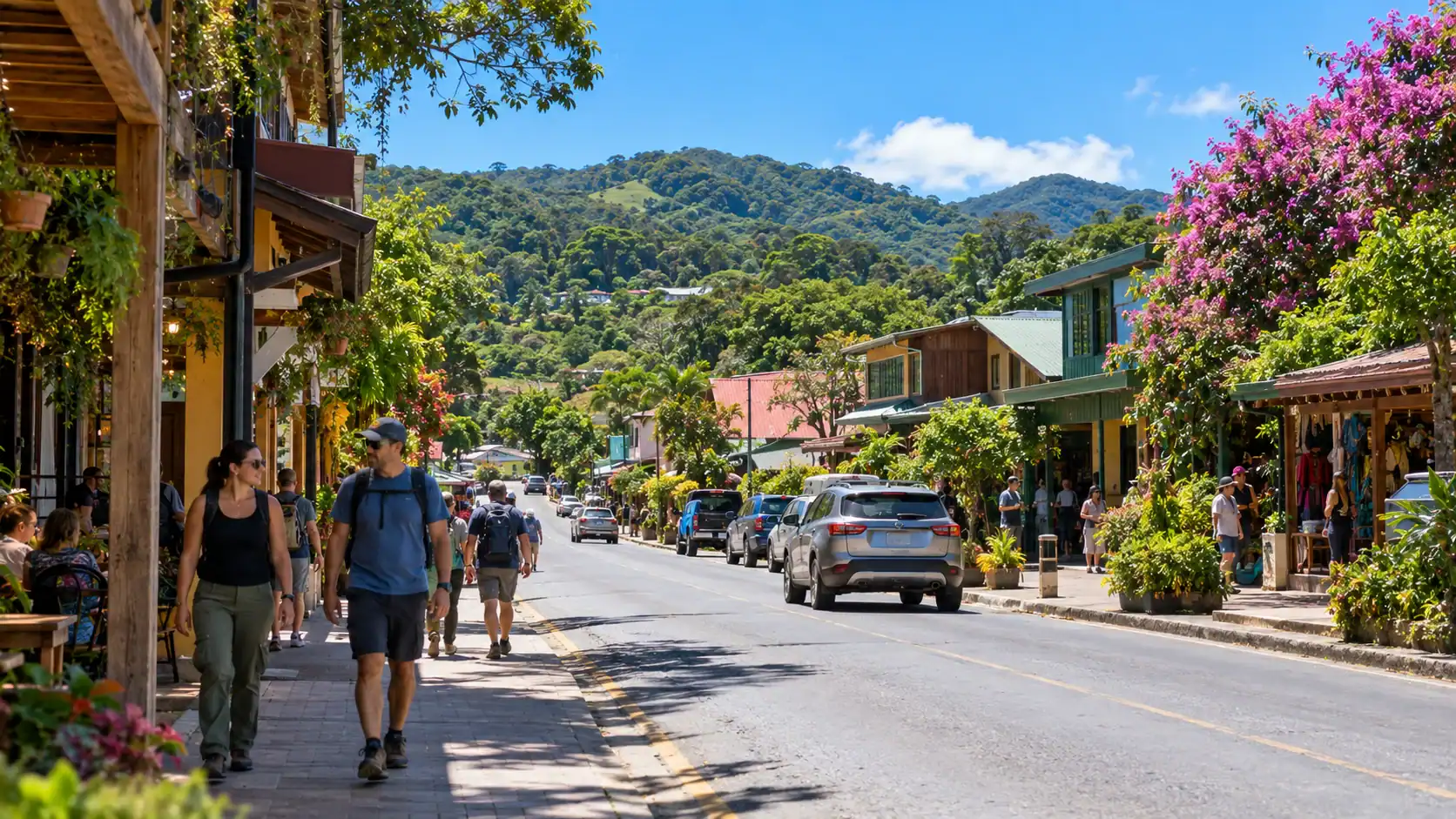 The main street of Santa Elena village near Monteverde on a sunny day