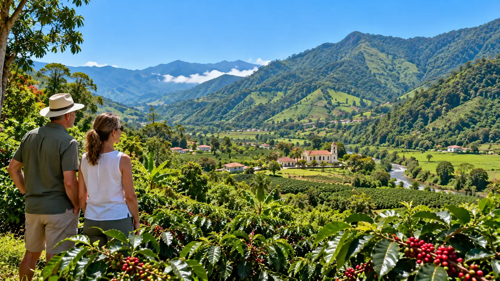 The Orosi valley with coffee fields and green mountains in Costa Rica
