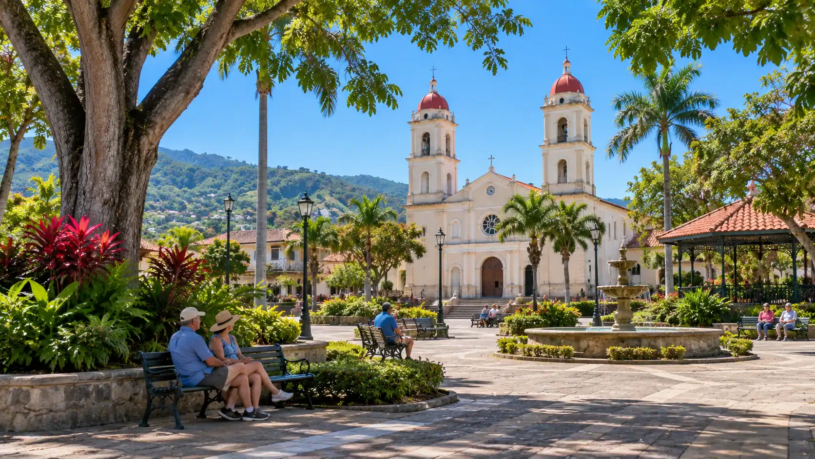The town square and church of Atenas, Costa Rica, under blue sky