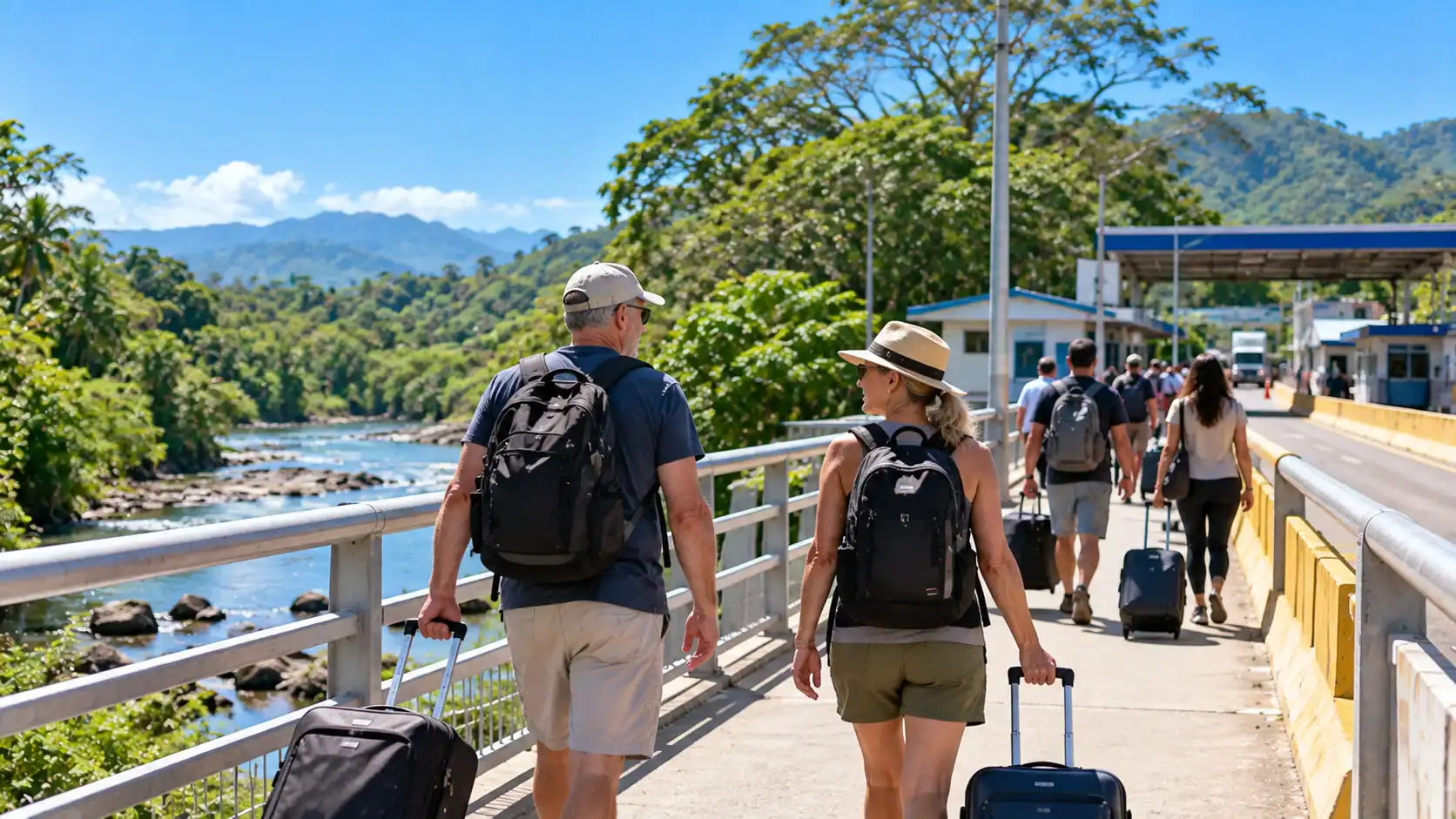 Travelers crossing a land border bridge with luggage in northern Costa Rica