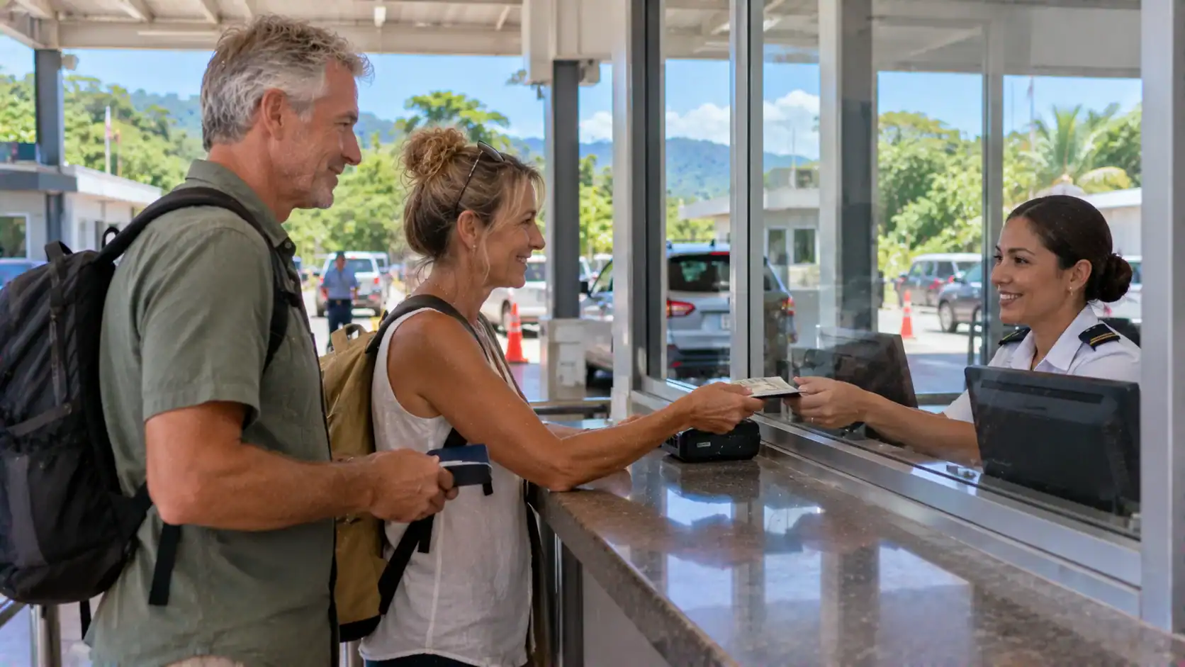 Travelers paying a fee at a border office counter
