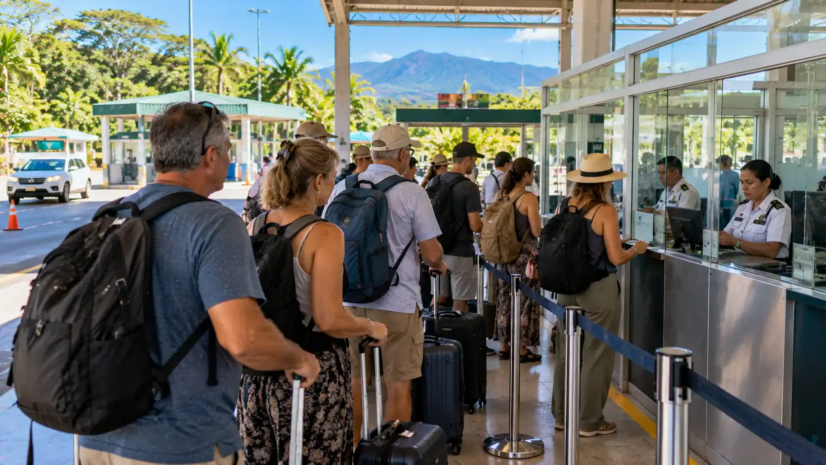 Travelers waiting in line at a border immigration post in Costa Rica