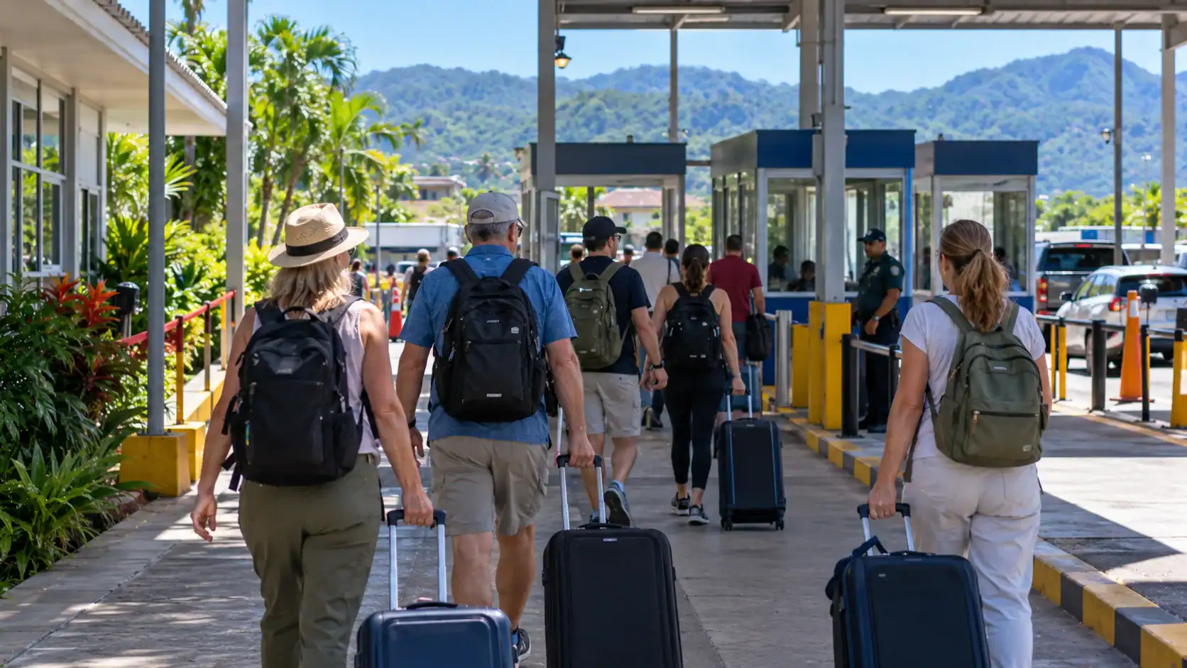 Travelers walking with luggage through a land border crossing area