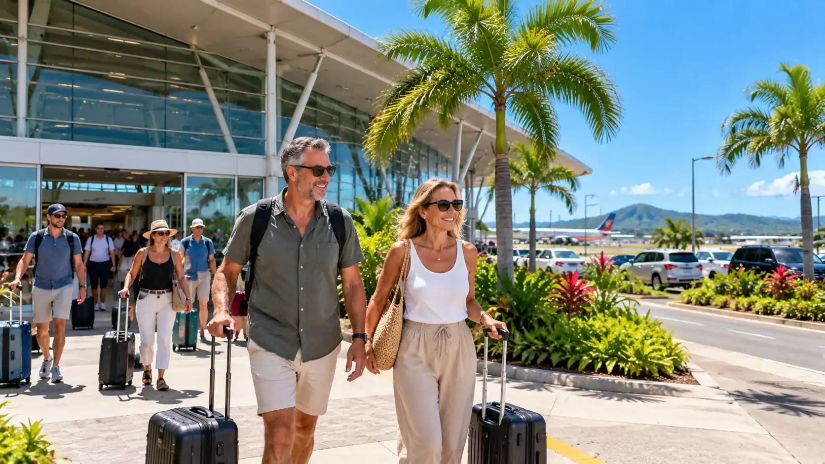 Travelers with luggage leaving Liberia airport in Guanacaste under blue sky