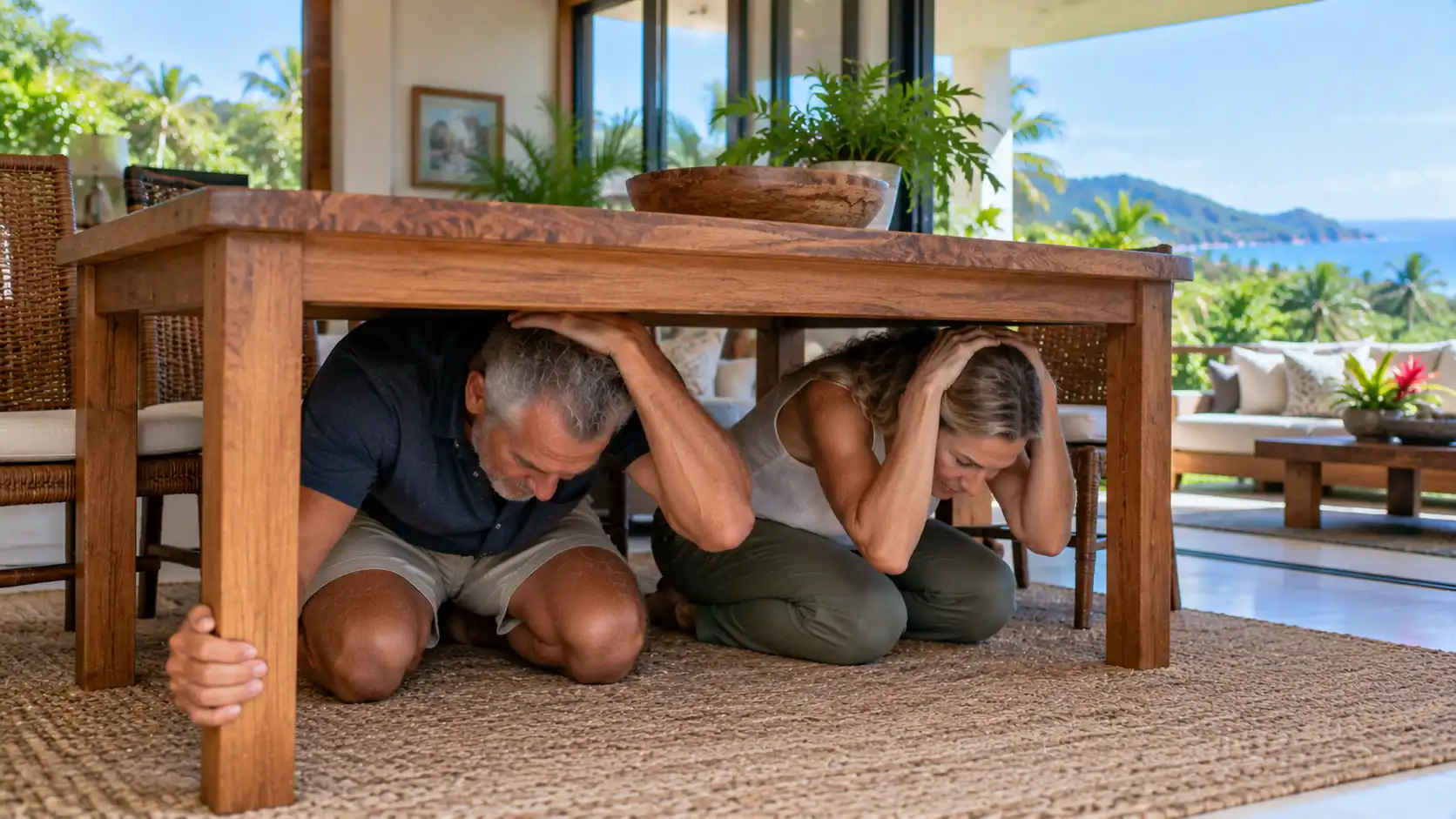 Two adults practicing an earthquake drill under a sturdy table at home in Costa Rica