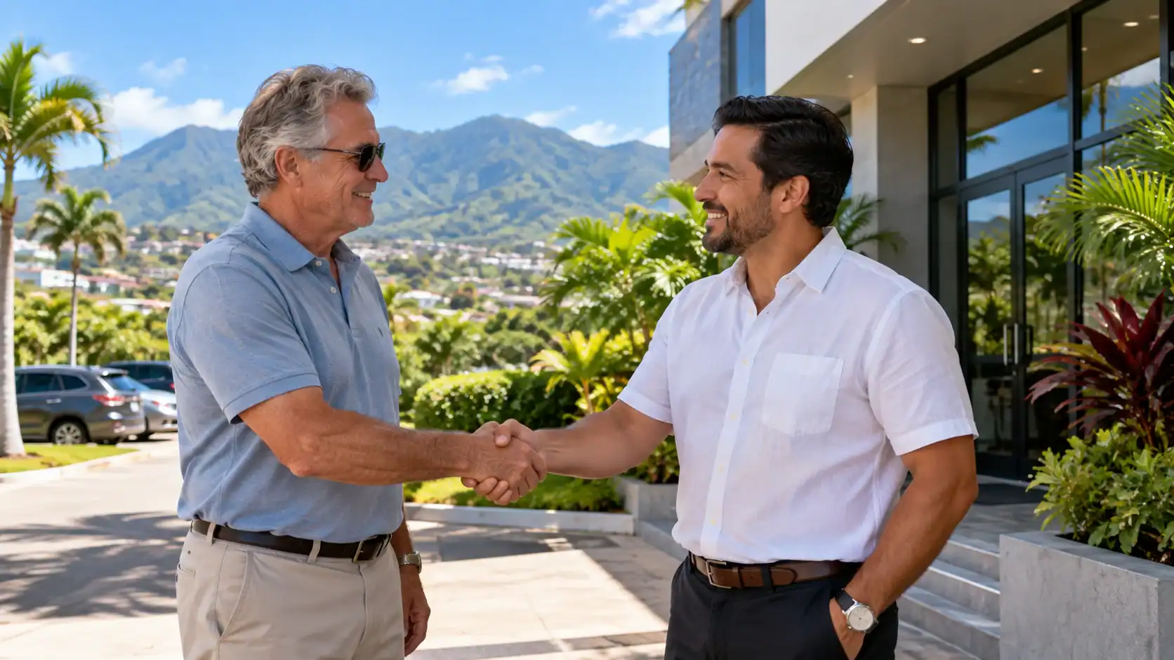Two business partners shaking hands outside a modern office building in Escazú, Costa Rica