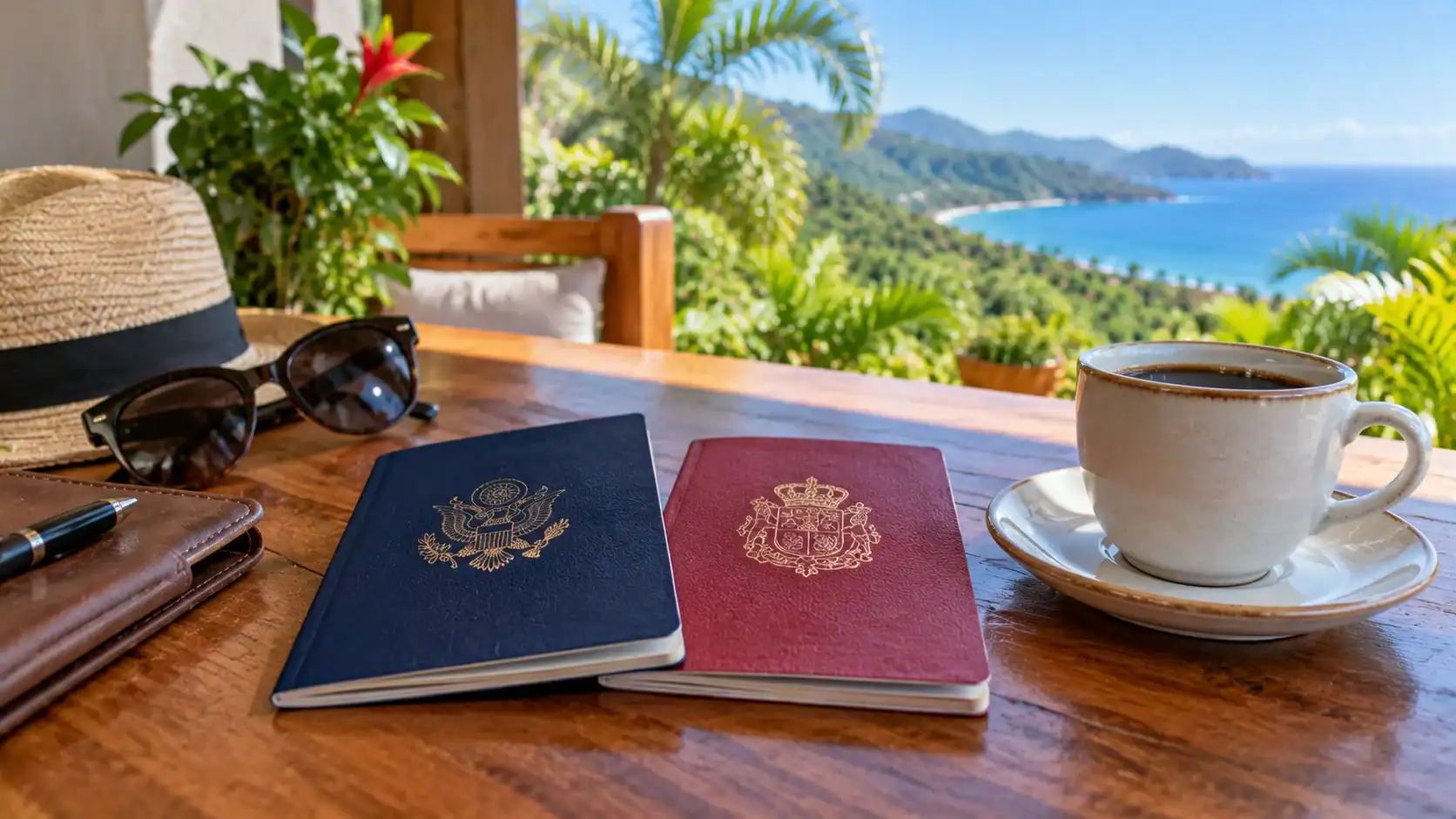 Two passports from different countries beside a cup of Costa Rican coffee