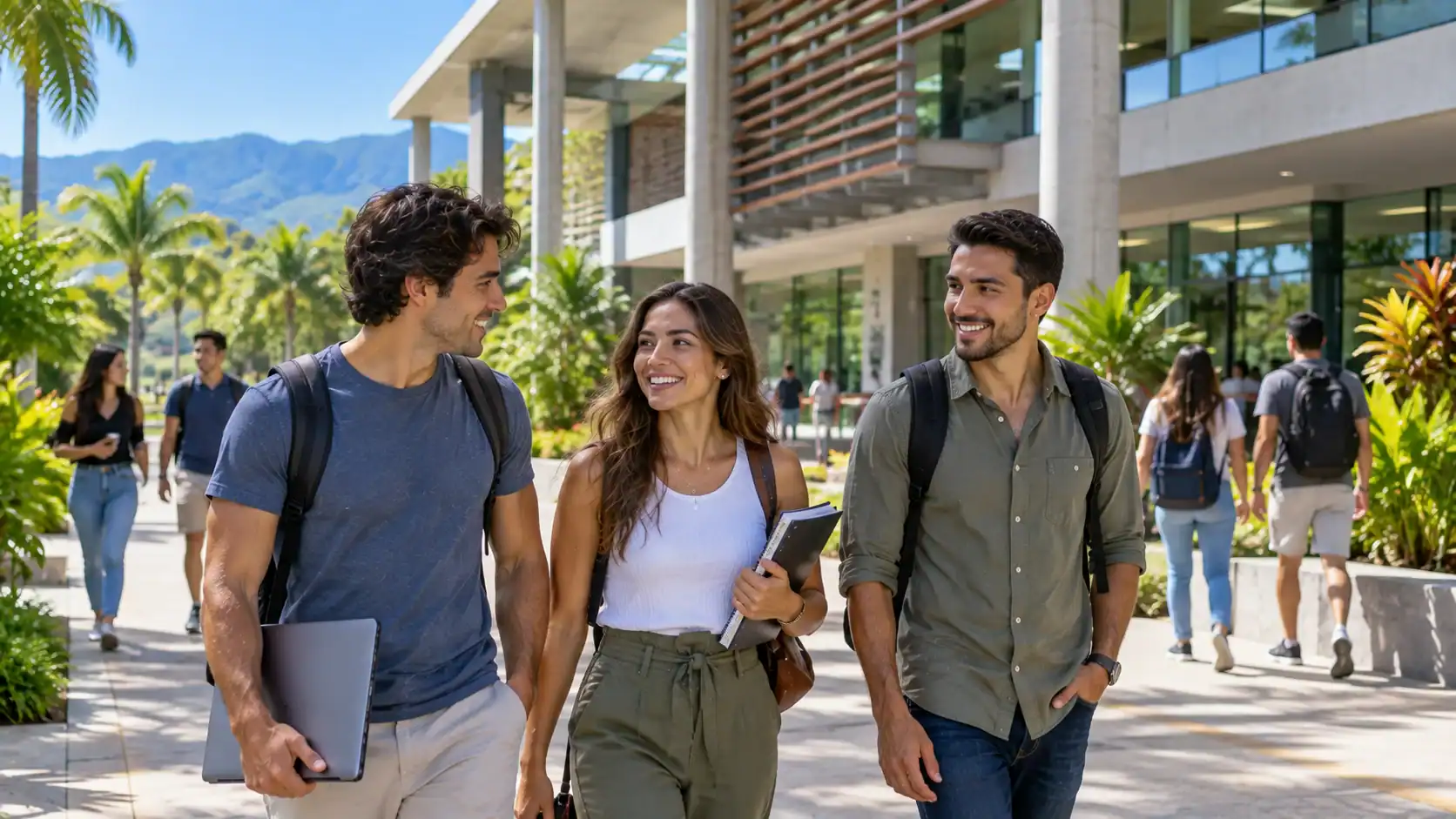 University students walking in front of a modern campus building in Costa Rica
