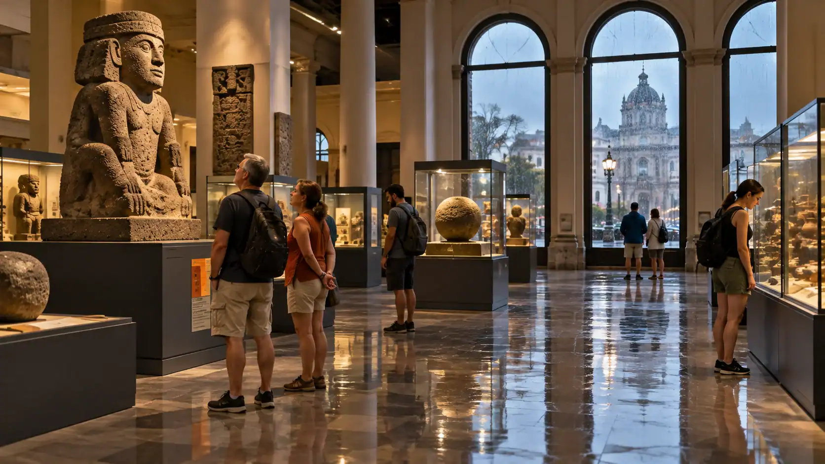 Visitors exploring an indoor museum hall in San José on a rainy day