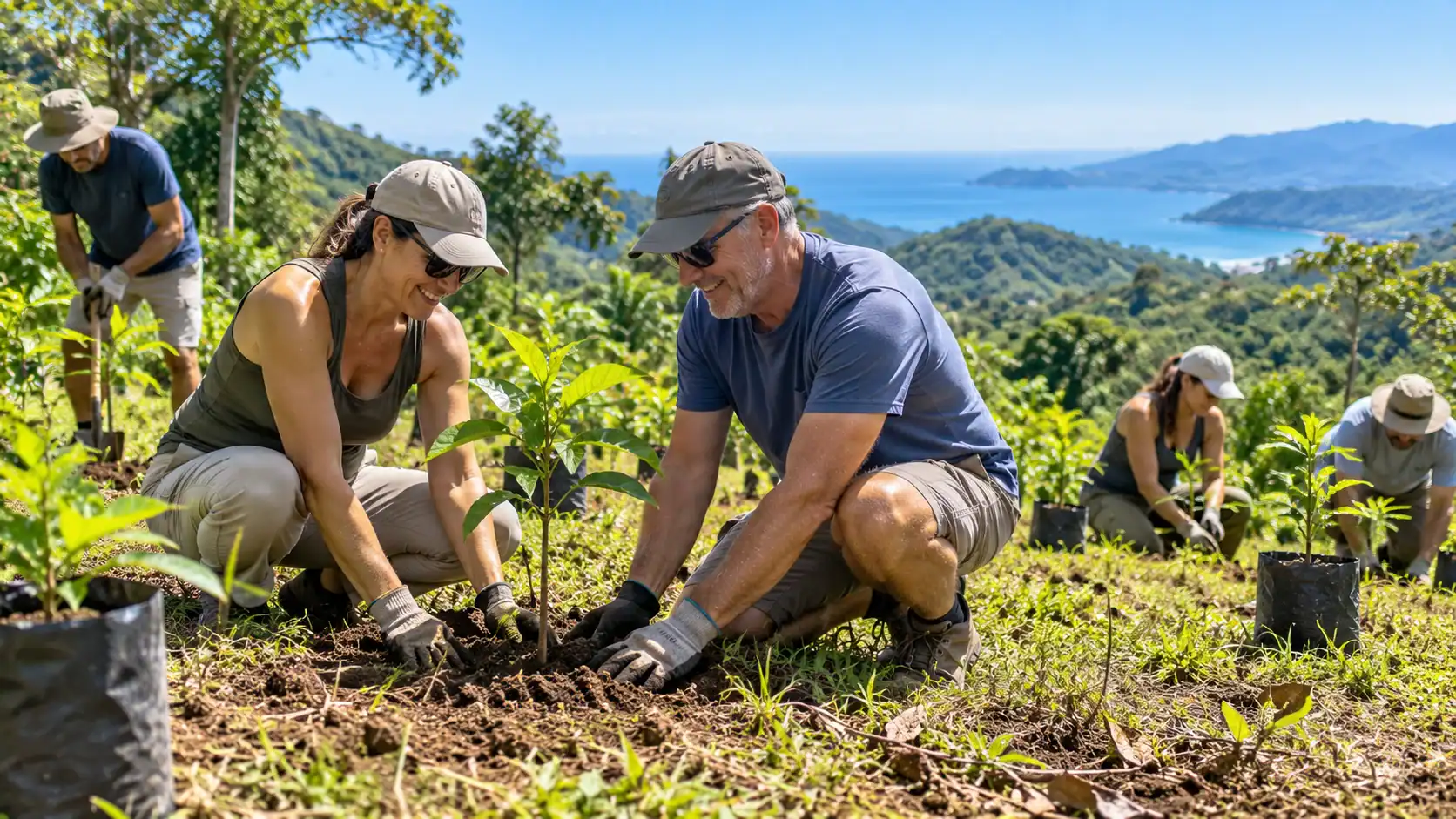 Volunteers planting trees on a sunny hillside in rural Costa Rica