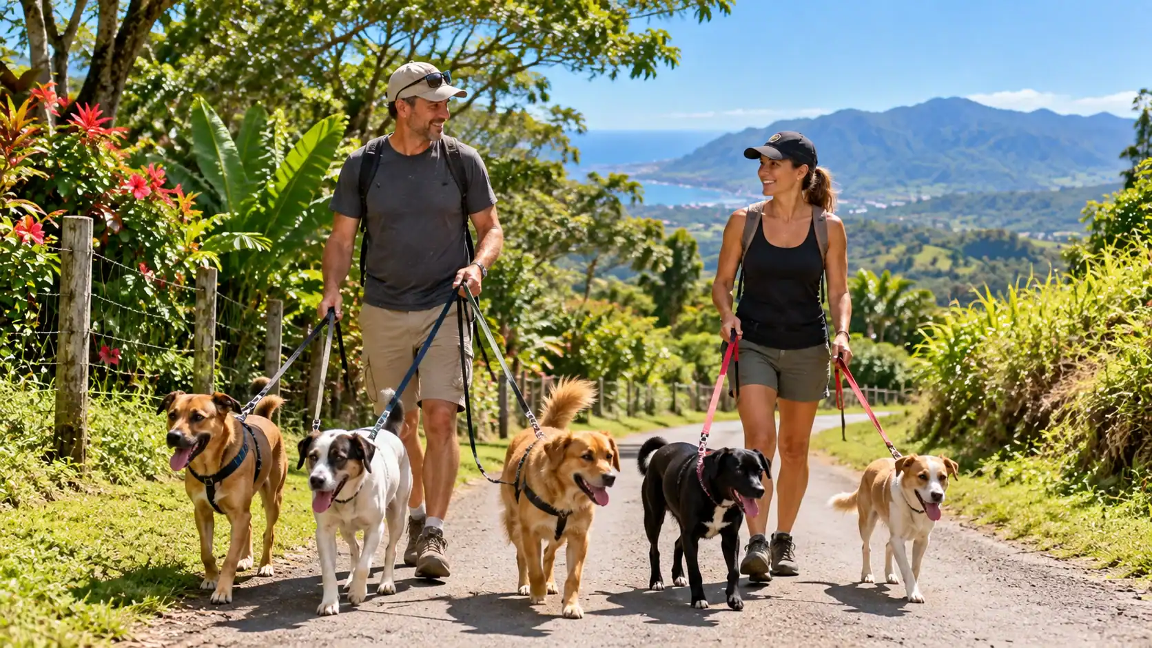 Volunteers walking rescued dogs along a rural road in Costa Rica