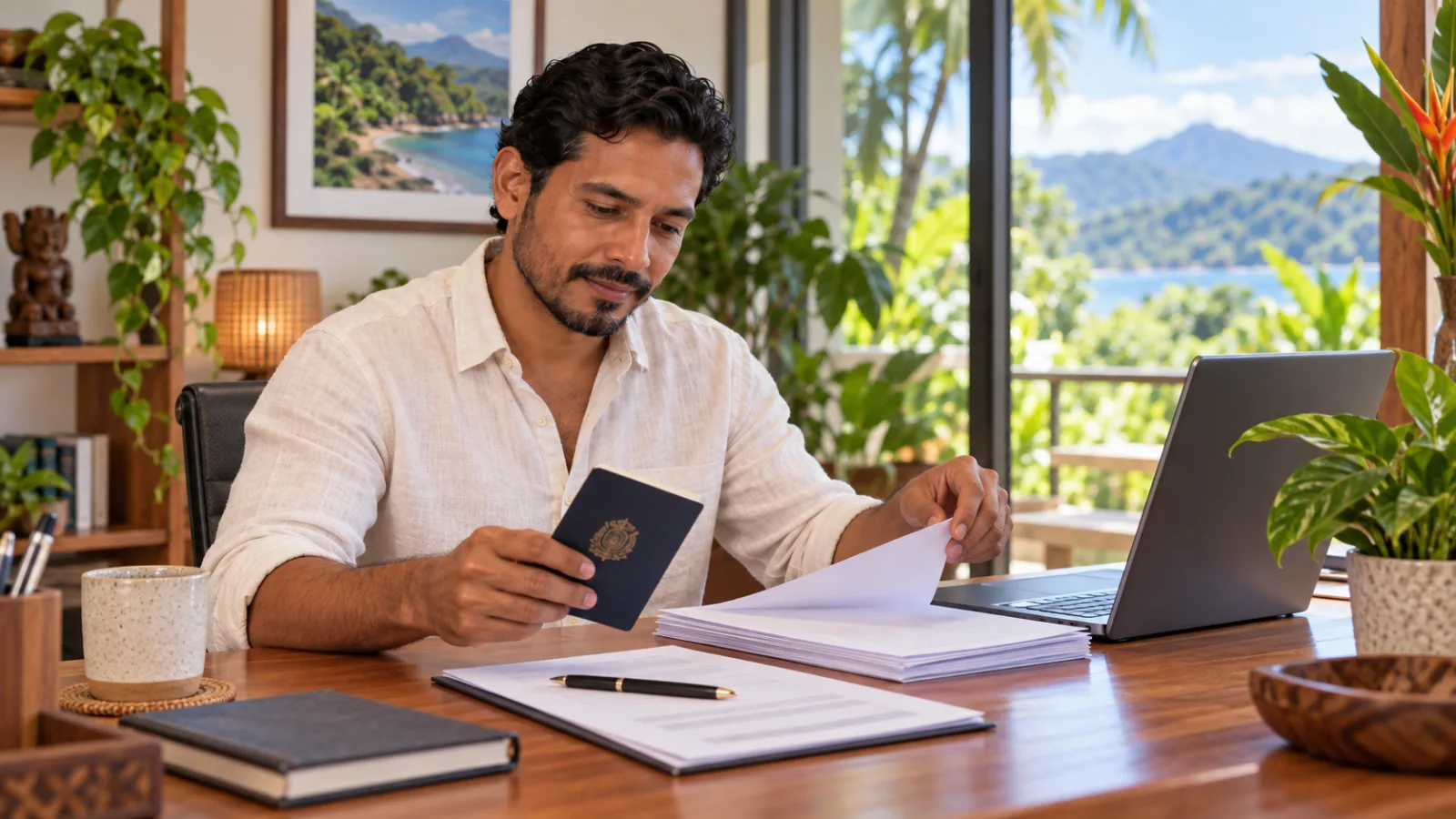 Applicant organizing work permit documents at a Costa Rica home office