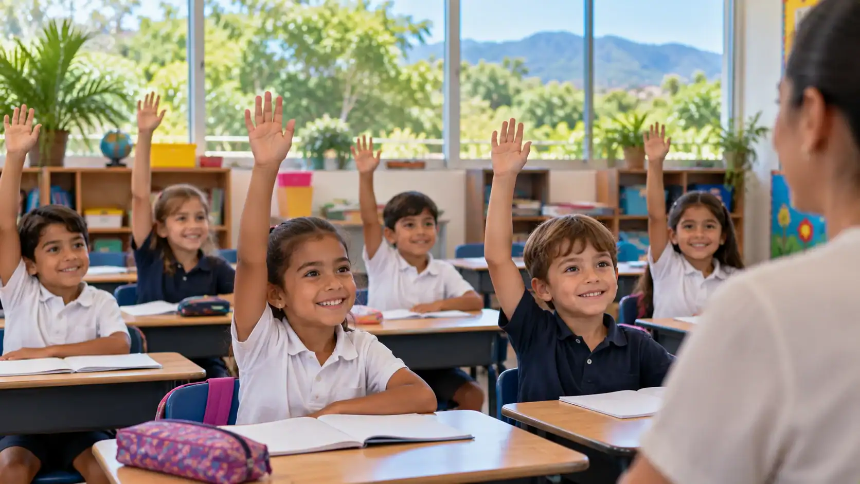 Young children raising their hands in a bright primary classroom in Costa Rica
