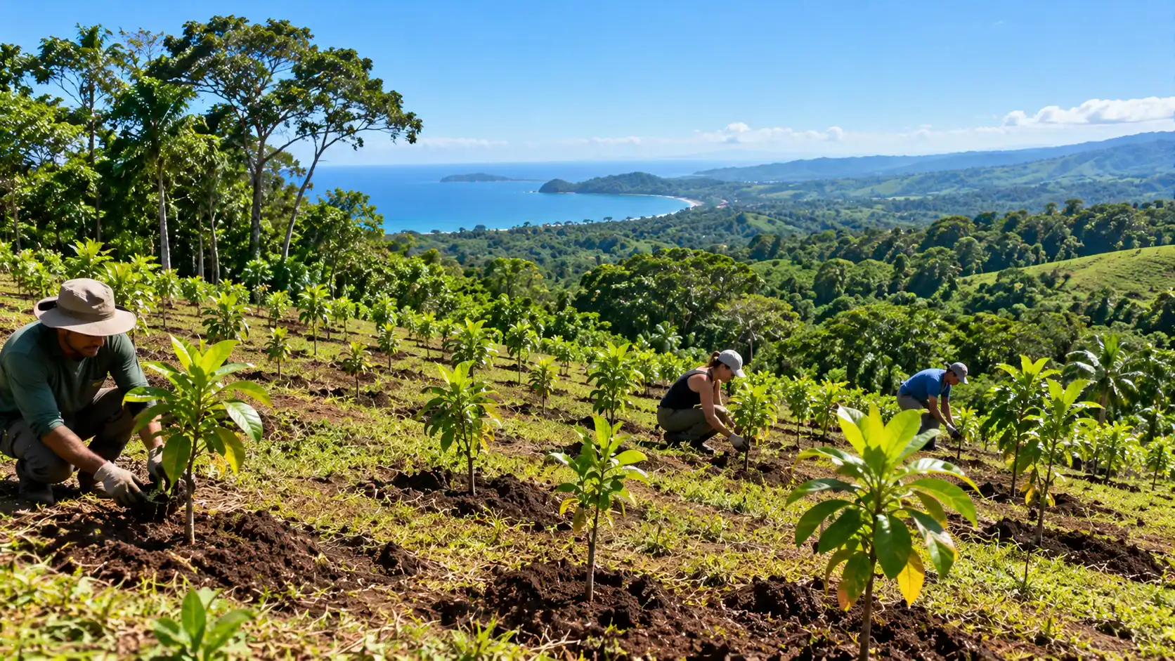 Young tree saplings planted in rows on a reforestation hillside in Costa Rica